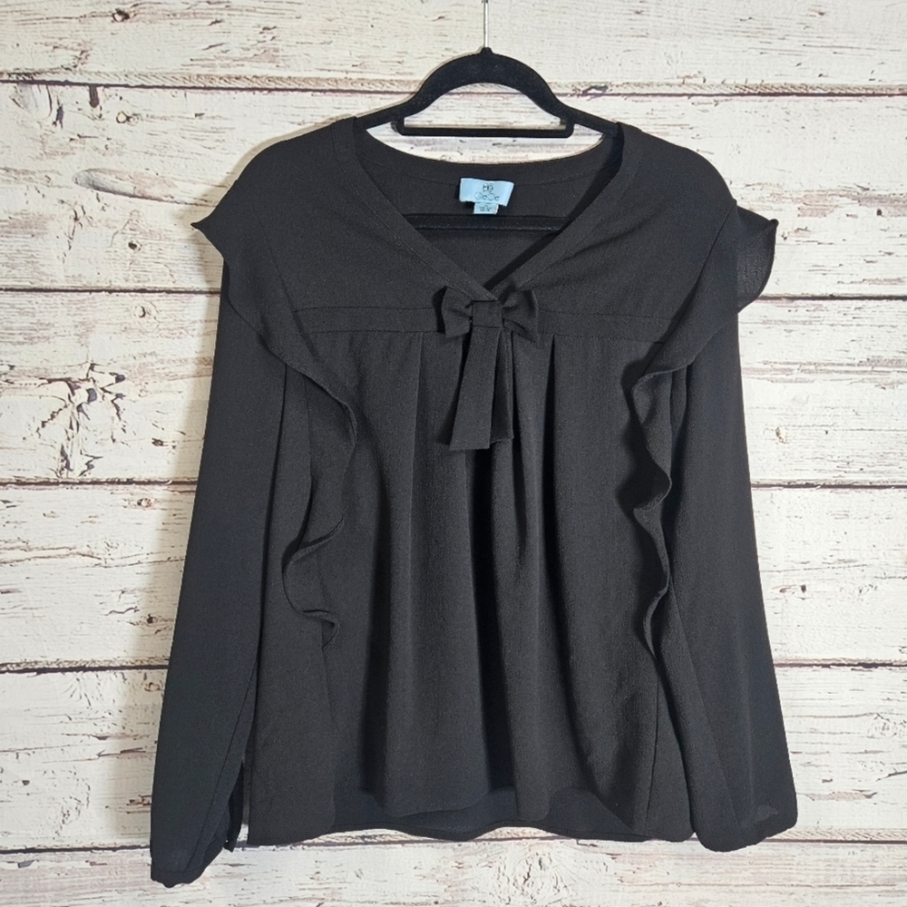 CeCe Black Ruffle Blouse with Bow Detail